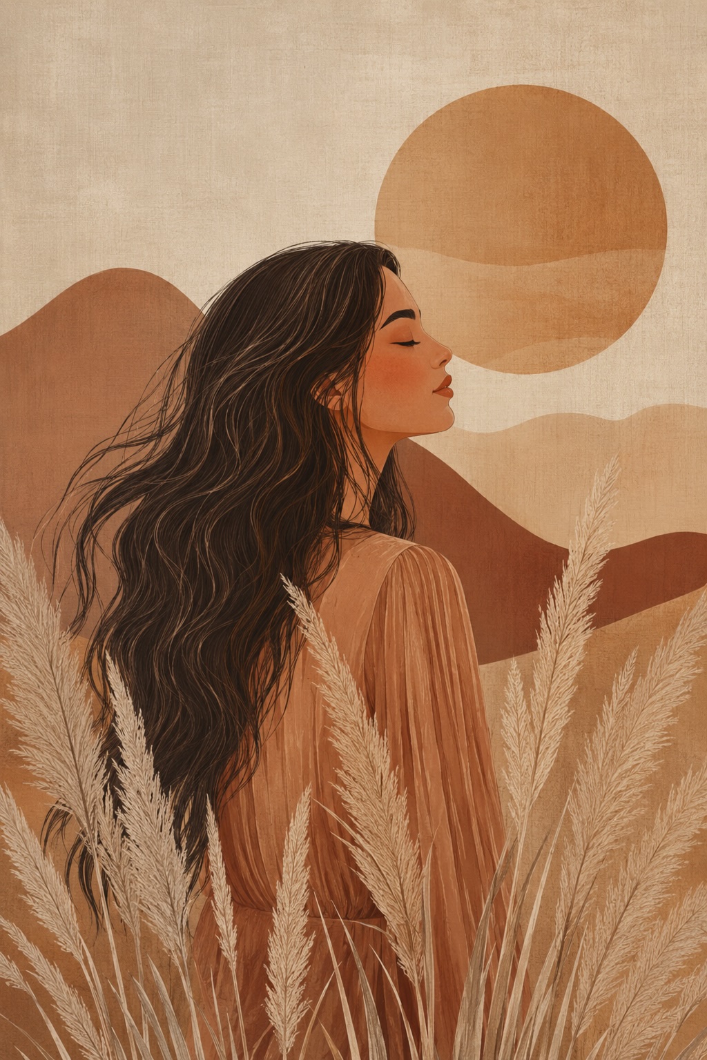 Illustratie vrouw tussen pampas grassen
